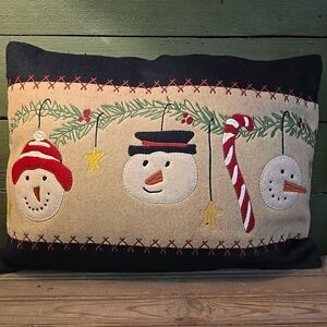 Primitive Farmhouse Christmas SNOWMAN PILLOW Wool Felt‎ 14" x 20" New